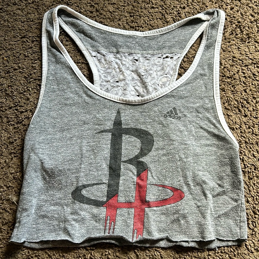 grey, red, black, and white. adidas crop top